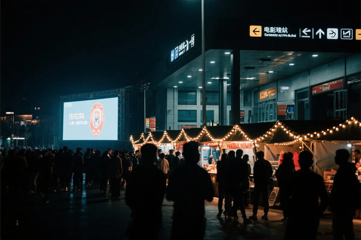 费城球迷广场夜景：大屏观赛人群、步行指示牌与公共交通入口